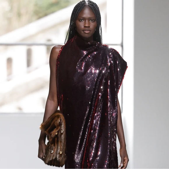 AWAKE ASYMMETRIC DRAPED DRESS BURGUNDY 40FR 6-8US - Picture 1 of 9